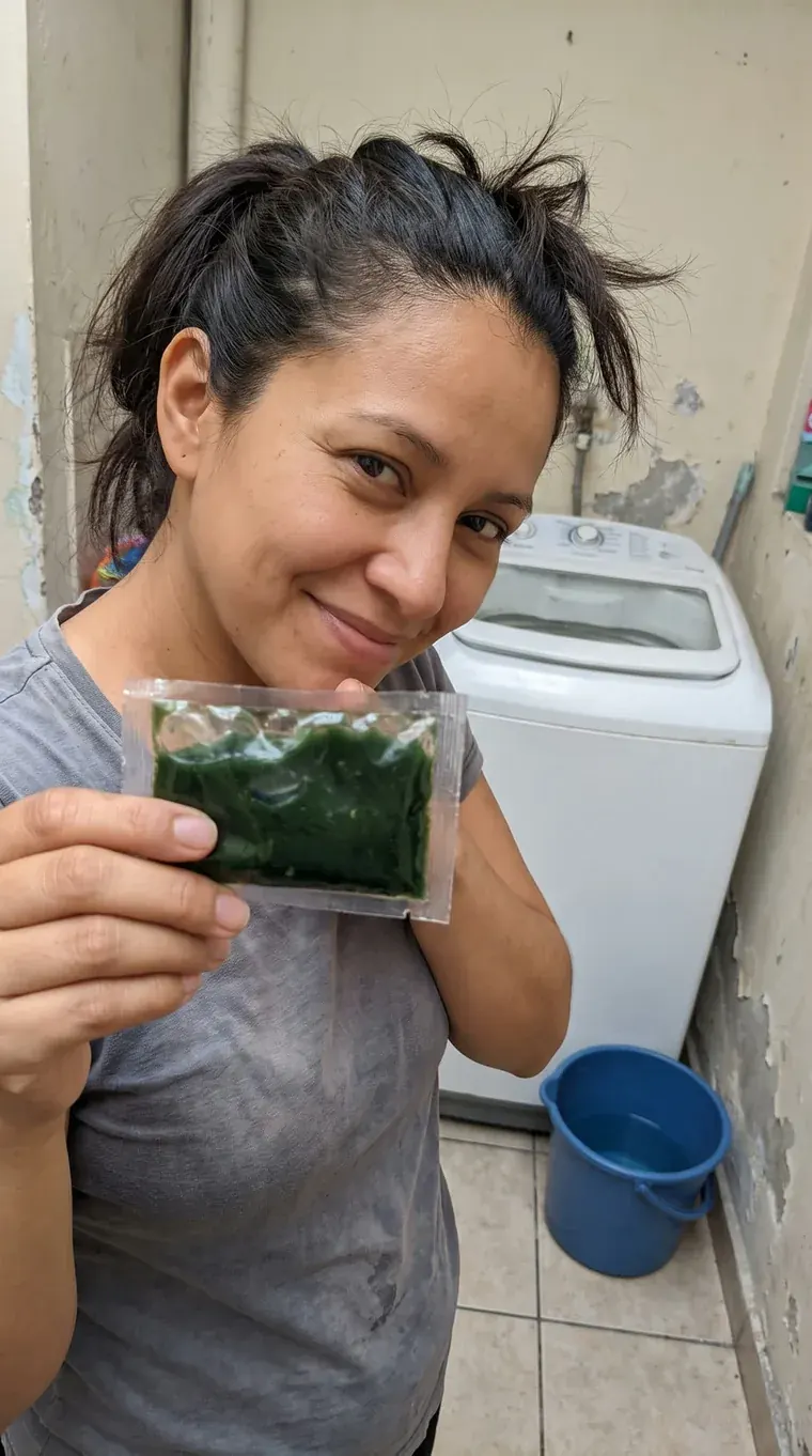Una clienta con un producto Infinit al lado del lavarropas